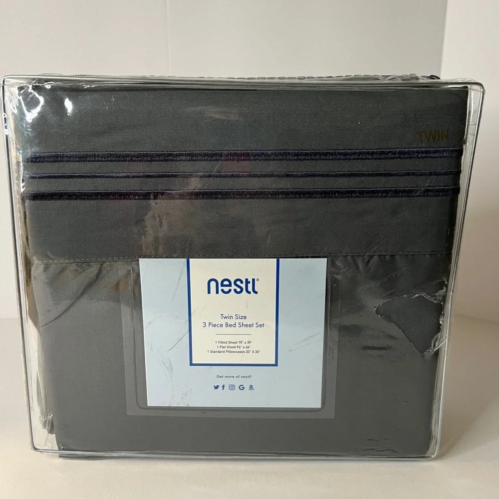 Nestl Twin Size 3 Piece Bed Sheet Set Charcoal Gray Deep Pocket MIcrofiber NIP